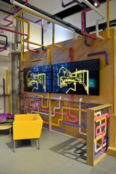 Windows 3D pipe theme exhibit lounge area Stock Photos