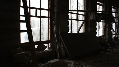 Windows of an abandoned house, interior, low angle Stock Footage 123110143