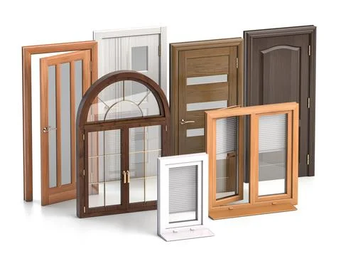 Windows and doora of different types isolated on white. Stock Illustration