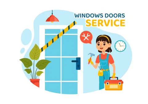 Windows and Doors Installation Service Vector Illustration with Worker for .. Stock Illustration