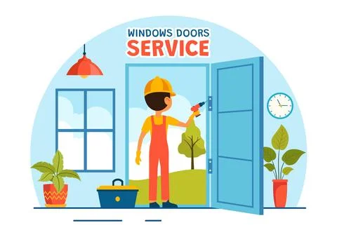 Windows and Doors Installation Service Vector Illustration with Worker for .. Stock Illustration