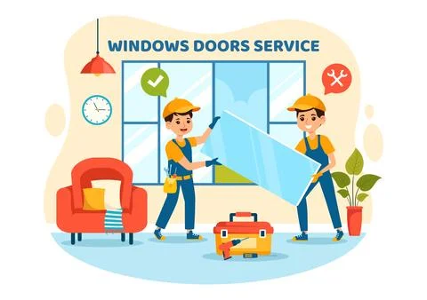 Windows and Doors Installation Service Vector Illustration with Worker for .. Stock Illustration