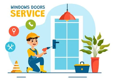 Windows and Doors Installation Service Vector Illustration with Worker for .. Stock Illustration