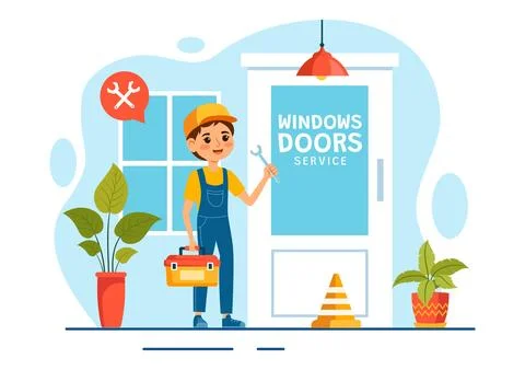 Windows and Doors Installation Service Vector Illustration with Worker for .. Stock Illustration