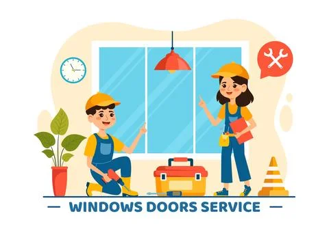 Windows and Doors Installation Service Vector Illustration with Worker for .. Stock Illustration