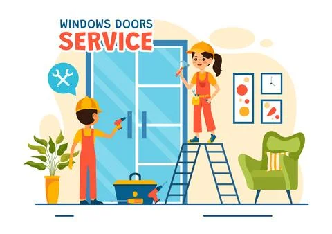 Windows and Doors Installation Service Vector Illustration with Worker for .. Stock Illustration