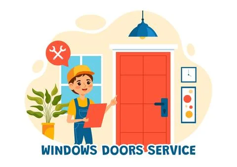 Windows and Doors Installation Service Vector Illustration with Worker for .. Stock Illustration