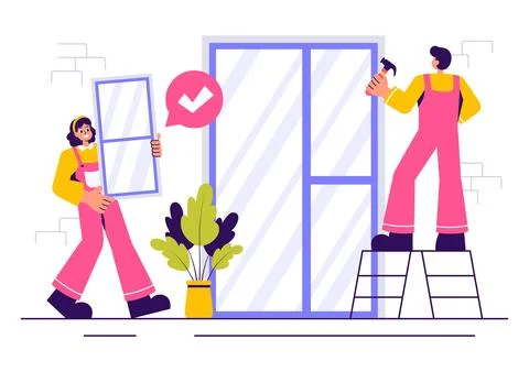 Windows and Doors Installation Service Vector Illustration featuring a Work.. Stock Illustration