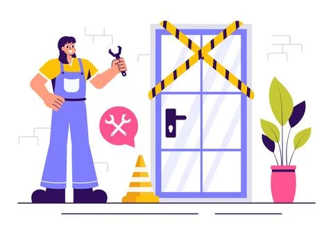 Windows and Doors Installation Service Vector Illustration featuring a Work.. Stock Illustration