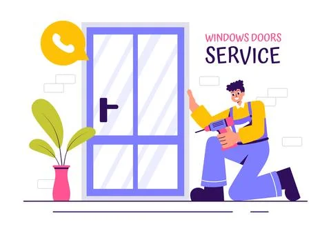 Windows and Doors Installation Service Vector Illustration featuring a Work.. Stock Illustration