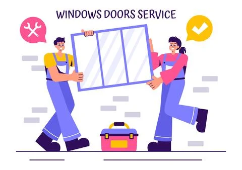Windows and Doors Installation Service Vector Illustration featuring a Work.. Stock Illustration