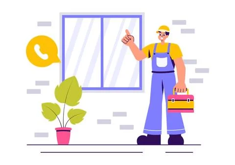 Windows and Doors Installation Service Vector Illustration featuring a Work.. Stock Illustration