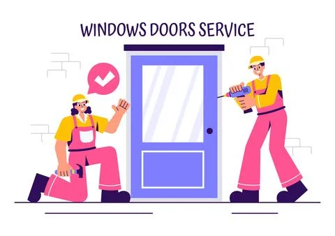 Windows and Doors Installation Service Vector Illustration featuring a Work.. Stock Illustration