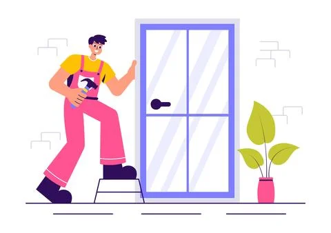 Windows and Doors Installation Service Vector Illustration featuring a Work.. Stock Illustration