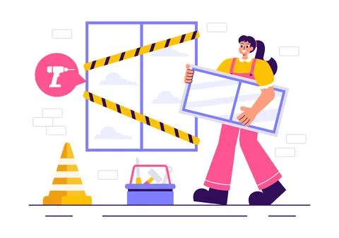 Windows and Doors Installation Service Vector Illustration featuring a Work.. Stock Illustration