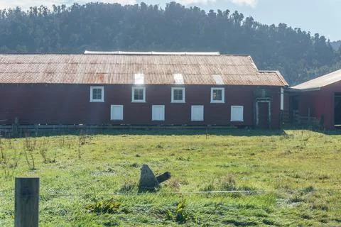 Windows and doors pattern shaded corrugated iron wall in farm field Stock Photos
