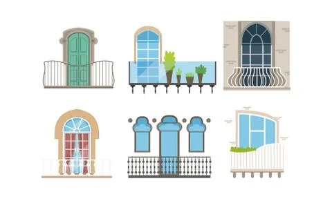 Windows with Balconies of Different Styles Set, Classic and Modern House Stock Illustration