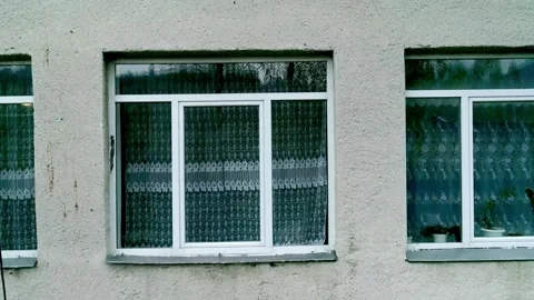Windows of building curtains inside rooms, view house apartment, Stock Footage 302179151