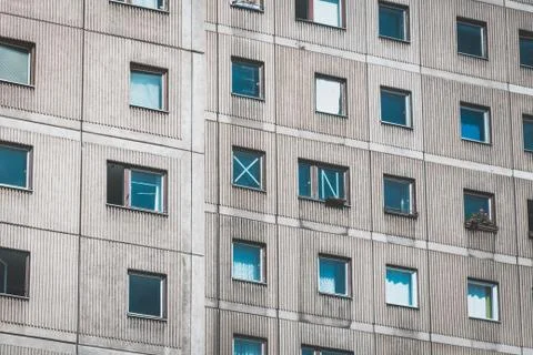 Windows on building facade, made with precast concrete slabs Stock Photos