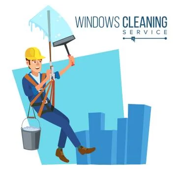 Windows Cleaning Service . Window Washer Is Cleaning High Building. Washing Ilustración de archivo
