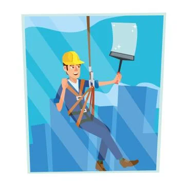 Windows Cleaning Worker Vector. Professional Worker Cleaning Windows. Modern Ilustración de archivo