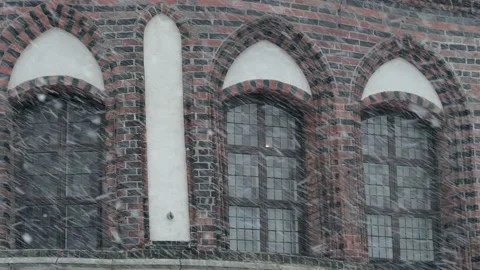 Windows covered with frost-work in brick wall, snowy winter day Stock Footage 130802170