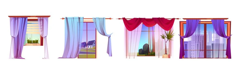 Windows with curtains and different views outside Stock Illustration
