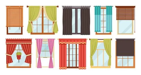 Windows with curtains. Different shapes interior drapery, home textile decor Illustrazione stock