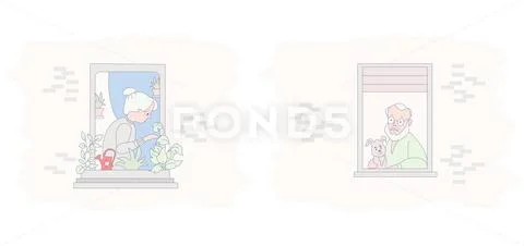 Windows with elderly couple. The facade of the house with open windows and Stock Illustrationen