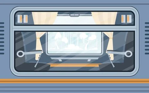 Windows of an empty commuter train. Electricity outside. Cartoon style. Flat  Illustrazione stock