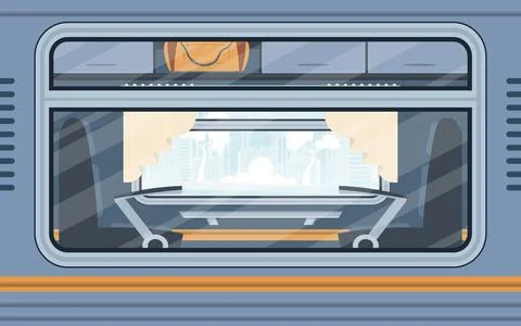 Windows of an empty commuter train. Electricity outside. Cartoon style. Flat  Illustrazione stock