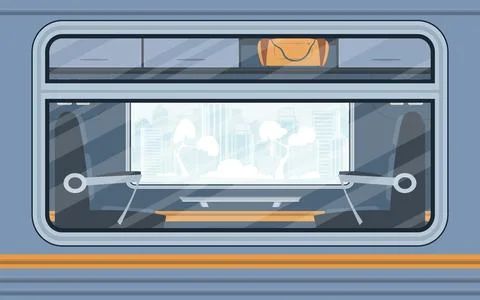 Windows of an empty commuter train. Electricity outside. Cartoon style. Fla.. Stock Illustration