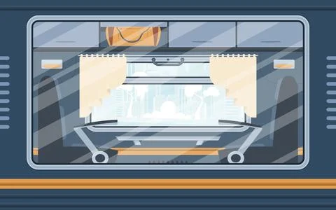 Windows of an empty commuter train. Rail transport outside. Cartoon style. .. Illustrazione stock