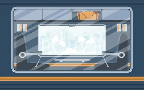 Windows of an empty commuter train. Rail transport outside. Cartoon style. .. Stock Illustration