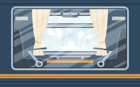 Windows of an empty commuter train. Rail transport is shown outside. Cartoo.. Stock Illustration