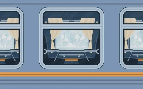 Windows of an empty commuter train. Rail transport is shown outside. Cartoo.. Illustrazione stock