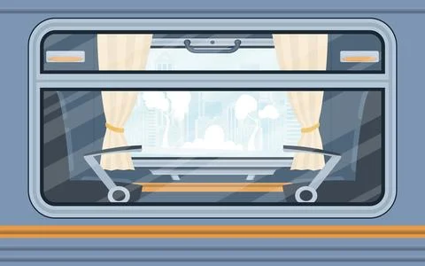 Windows of an empty commuter train. The train is shown outside. Cartoon sty.. Illustrazione stock