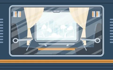 Windows of an empty commuter train. The train is shown outside. Cartoon sty.. Illustrazione stock