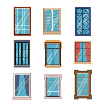Windows frames flat. Colorful various window frame wooden and plastic with sills Illustrazione stock