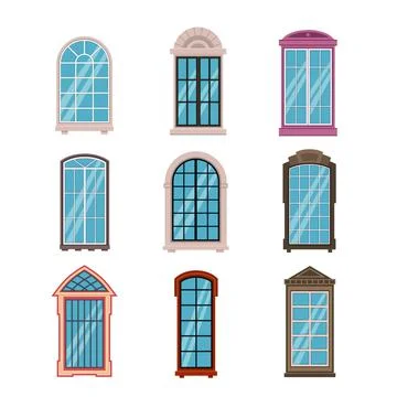 Windows frames flat. Colorful various wooden and plastic window frame with Illustrazione stock