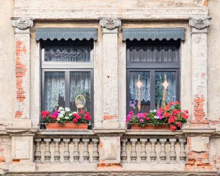 Windows with geranium flower pots, old house facade detail Foto stock
