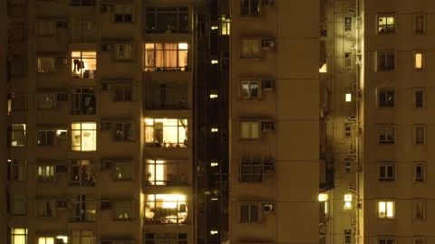 Windows group on and off timelapse of Hong Kong crowded residential apartment Видео 157490246