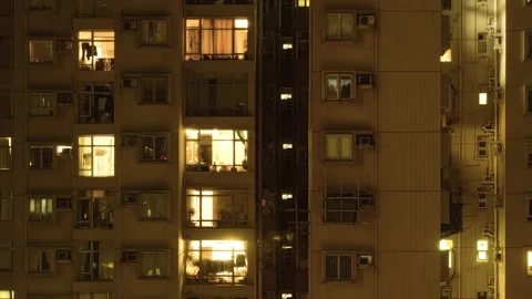 Windows group on and off timelapse of Hong Kong crowded residential apartment Stockbeeldmateriaal 157491098