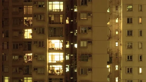 Windows group on and off timelapse of Hong Kong crowded residential apartment Stockbeeldmateriaal 157543075