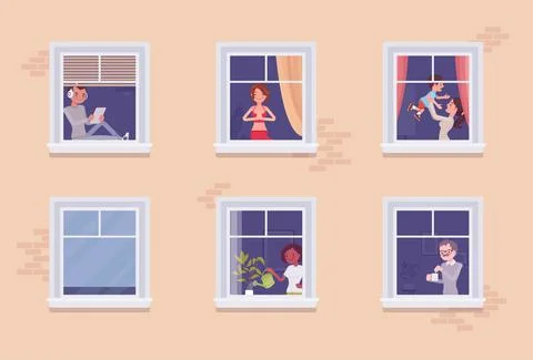 Windows of a house with different neighbours Ilustración de archivo