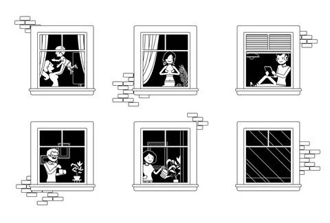 Windows of a house with different neighbours inside Ilustración de archivo
