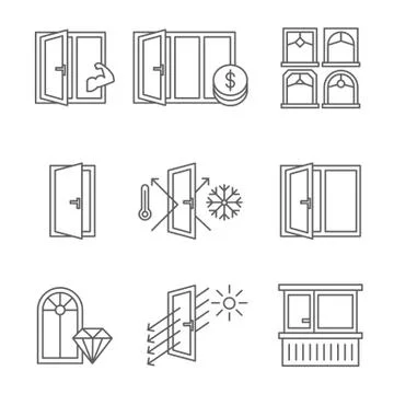 Windows icon set with door and balcony. Lines design isolated on white Stock-Illustration