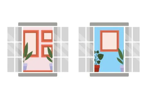 Windows with interior view of plants and frames vector design Illustrazione stock