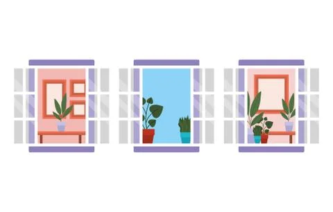 Windows with interior view of plants and frames vector design Stock Illustration