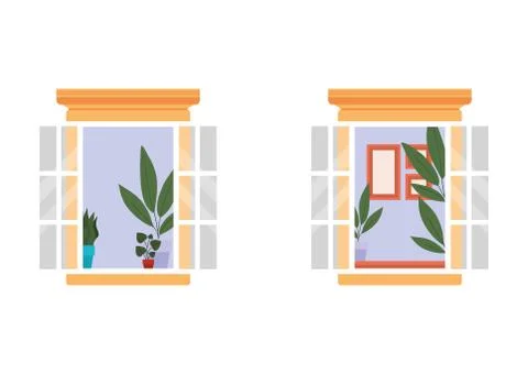 Windows with interior view of plants and frames vector design Illustrazione stock